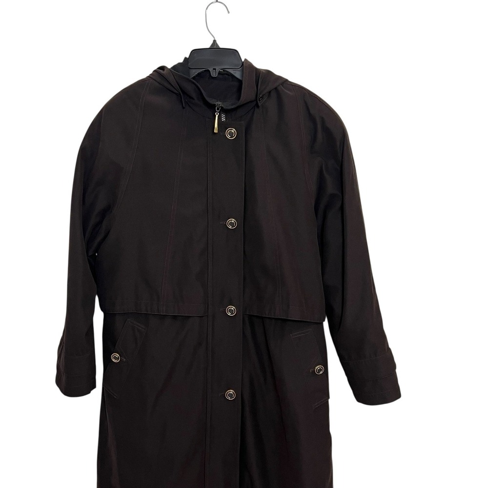 VTG Valerie Stevens Womens Long Hooded Trench Coat Brown Button Zip Size 12P - Picture 5 of 13